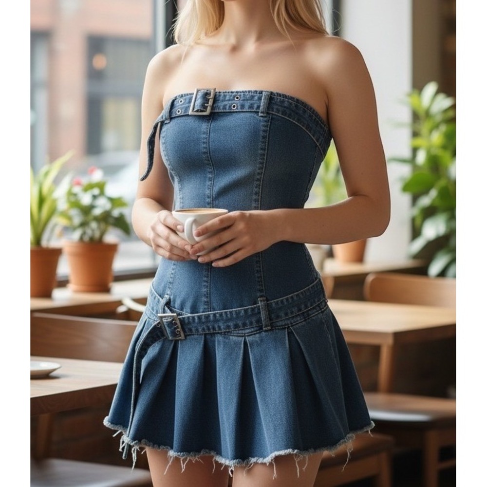 Denim Tube Dress Women 6 Blue Strapless Belted Pleated Mini Y2K Indie Twee‎